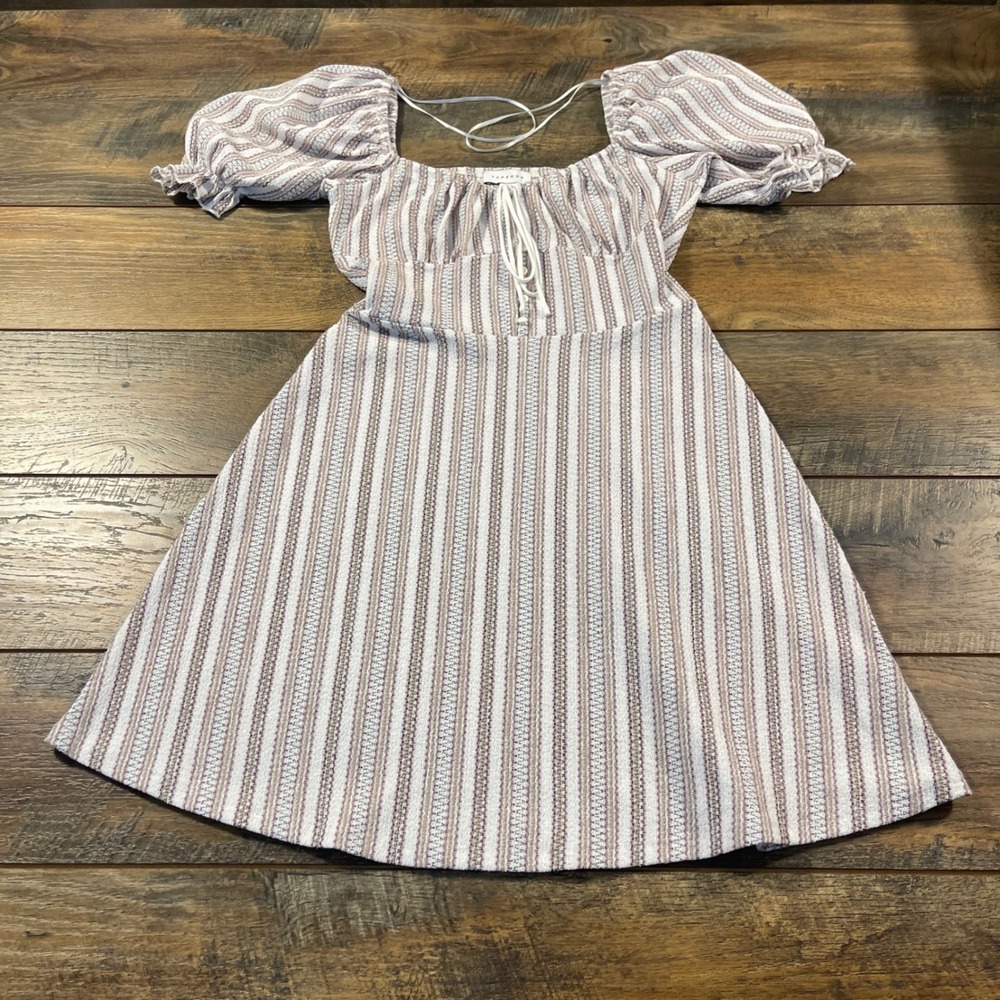 Topshop Striped Puff Sleeve Mini Dress Mauve White Textured Seersucker US 6 Boho